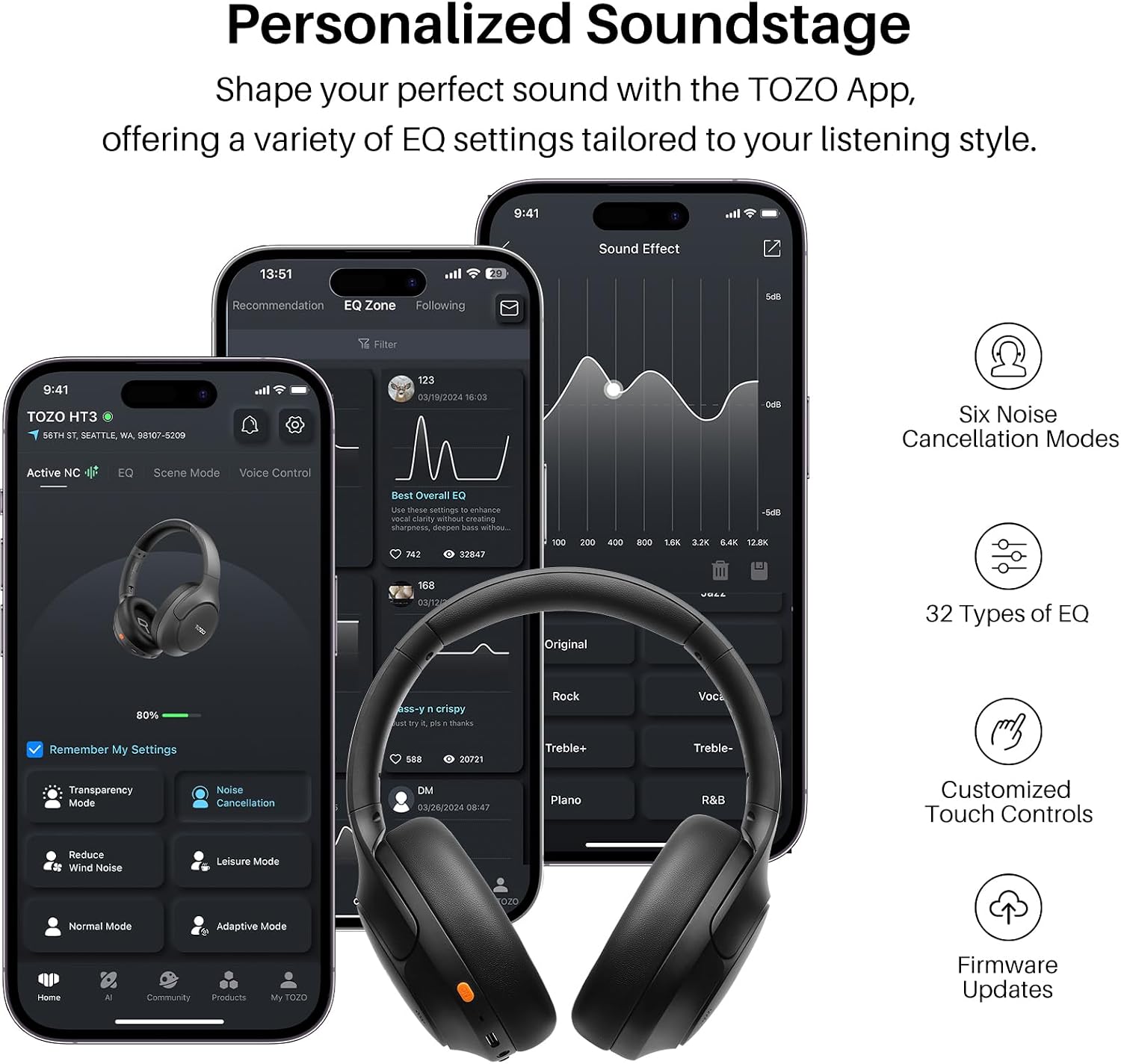 TOZO HT3 Hybrid Noise Cancelling Wireless Headphones, 90H Over Ear Headset - Image 7