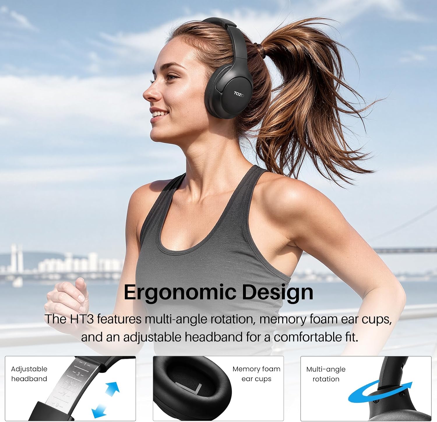 TOZO HT3 Hybrid Noise Cancelling Wireless Headphones, 90H Over Ear Headset - Image 9