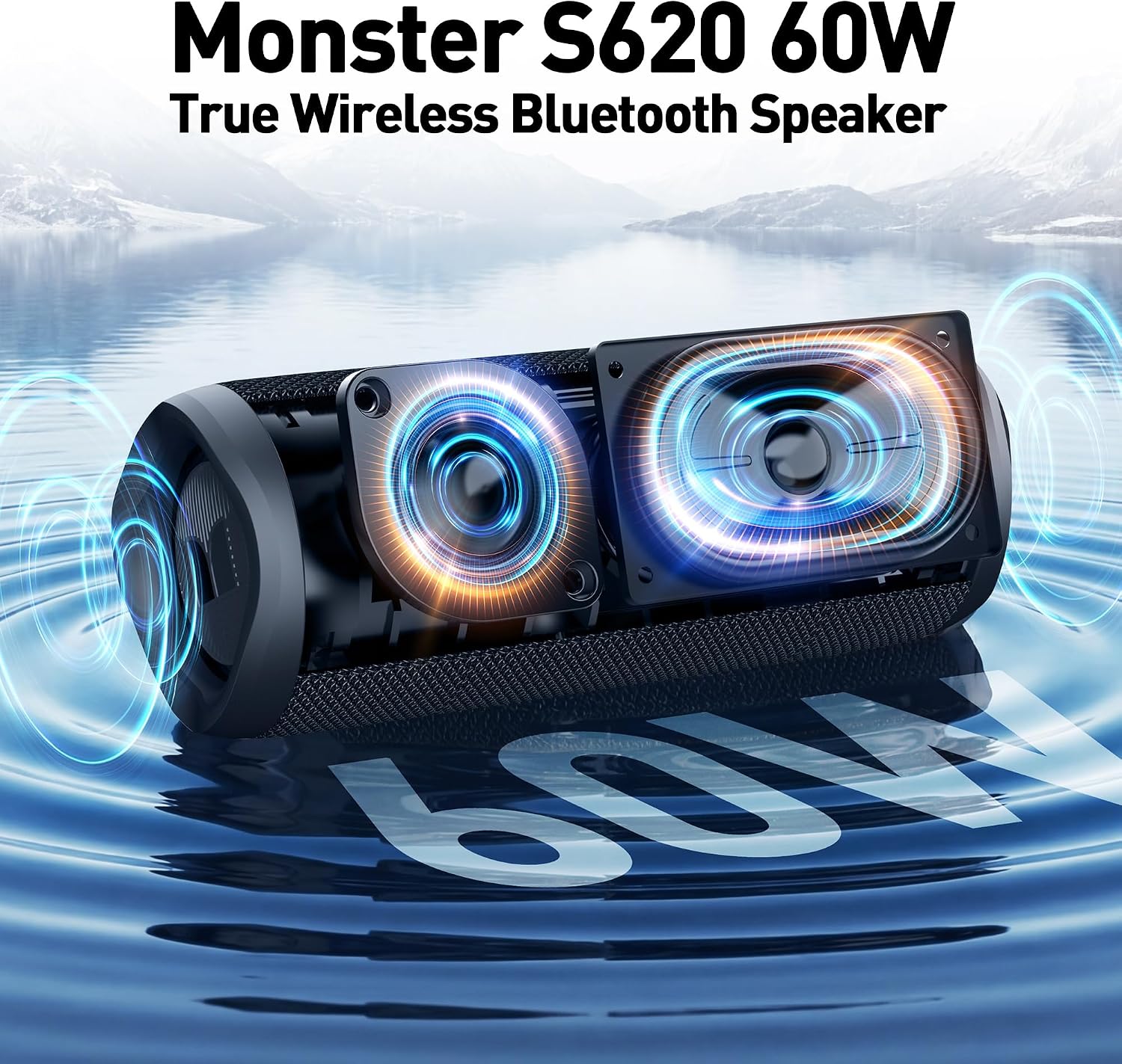 Monster S620 Bluetooth Speaker, Wireless Portable Outdoor Bluetooth Speakers, 60W True Wireless Stereo IPX8 Waterproof, Dual PairingBluetooth 5.4 Built-in Mic, Perfect for Home, Black - Image 2
