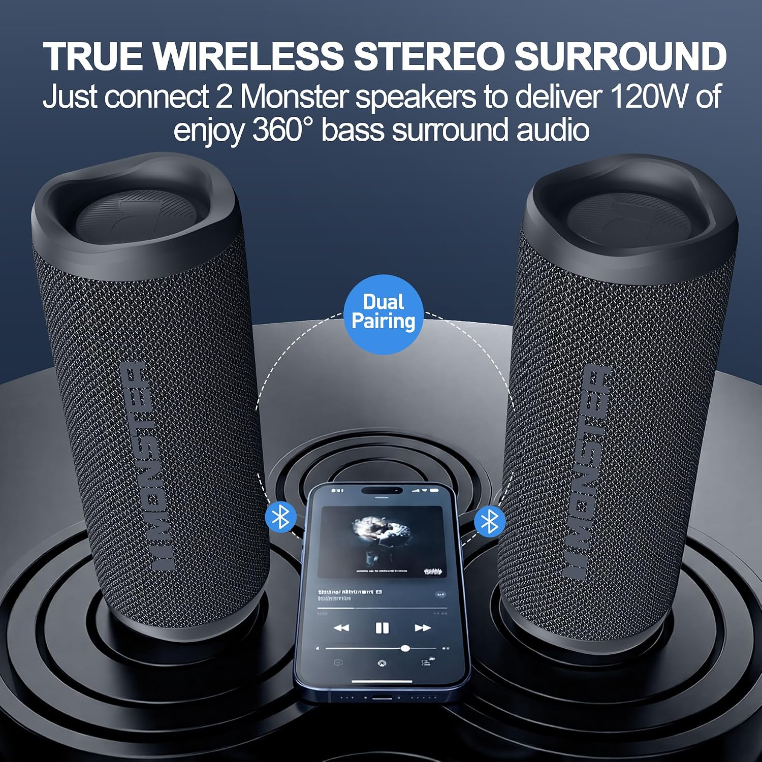 Monster S620 Bluetooth Speaker, Wireless Portable Outdoor Bluetooth Speakers, 60W True Wireless Stereo IPX8 Waterproof, Dual PairingBluetooth 5.4 Built-in Mic, Perfect for Home, Black - Image 3